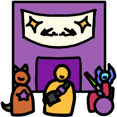 a purple building with an open door and a big sparkly banner. in front of it are three smiling people, all with purple accessories: someone with mammal ears and a tail, someone with an AAC device, and a wheelchair user in a blue and pink costume holding a green lightsaber.